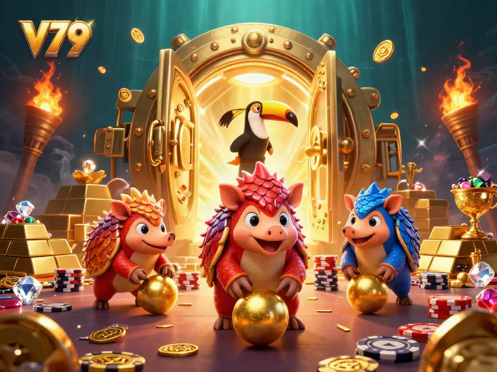 V79 pangolins in armor bowl through poker chips, showcasing an exciting casino scene.