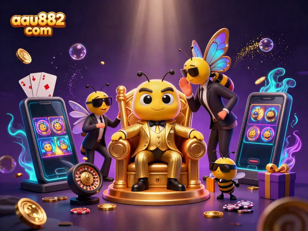 The 3D cartoon mob boss character engages in casino activities at aau882 com, amidst dynamic gaming elements like slot games and poker chips.