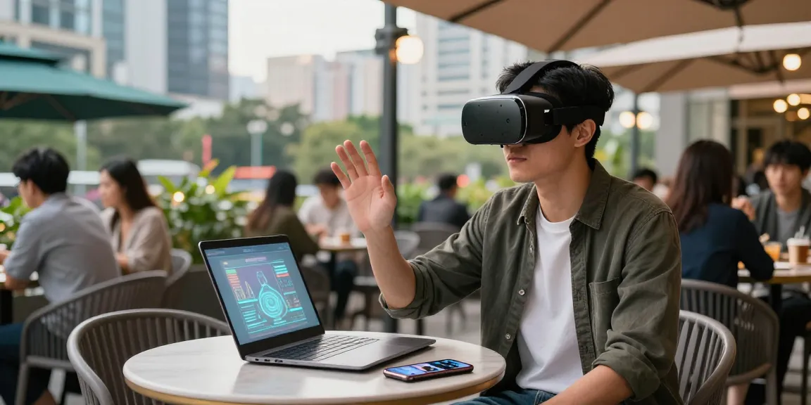 Tech-savvy individual using smart glasses at a modern café, showcasing augmented reality features.