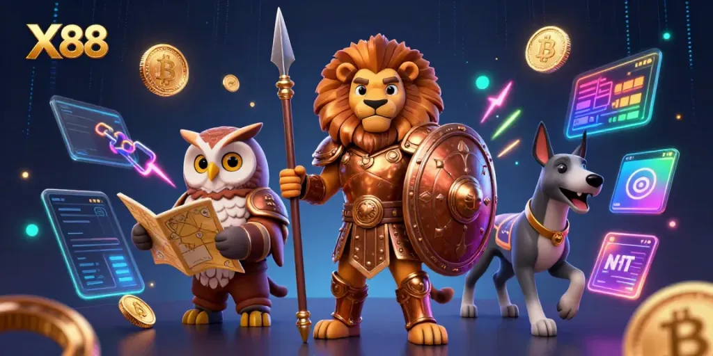 X88 showcases winning strategies in a vibrant casino illustration with lion, owl, and greyhound characters