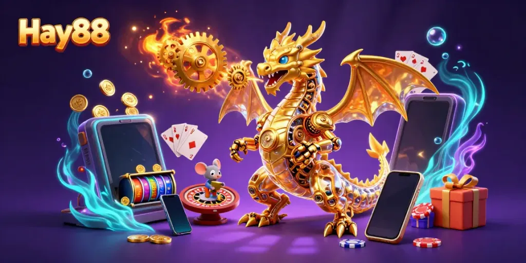 Experience the thrilling Hay88 casino with a dazzling dragon and vibrant game elements.
