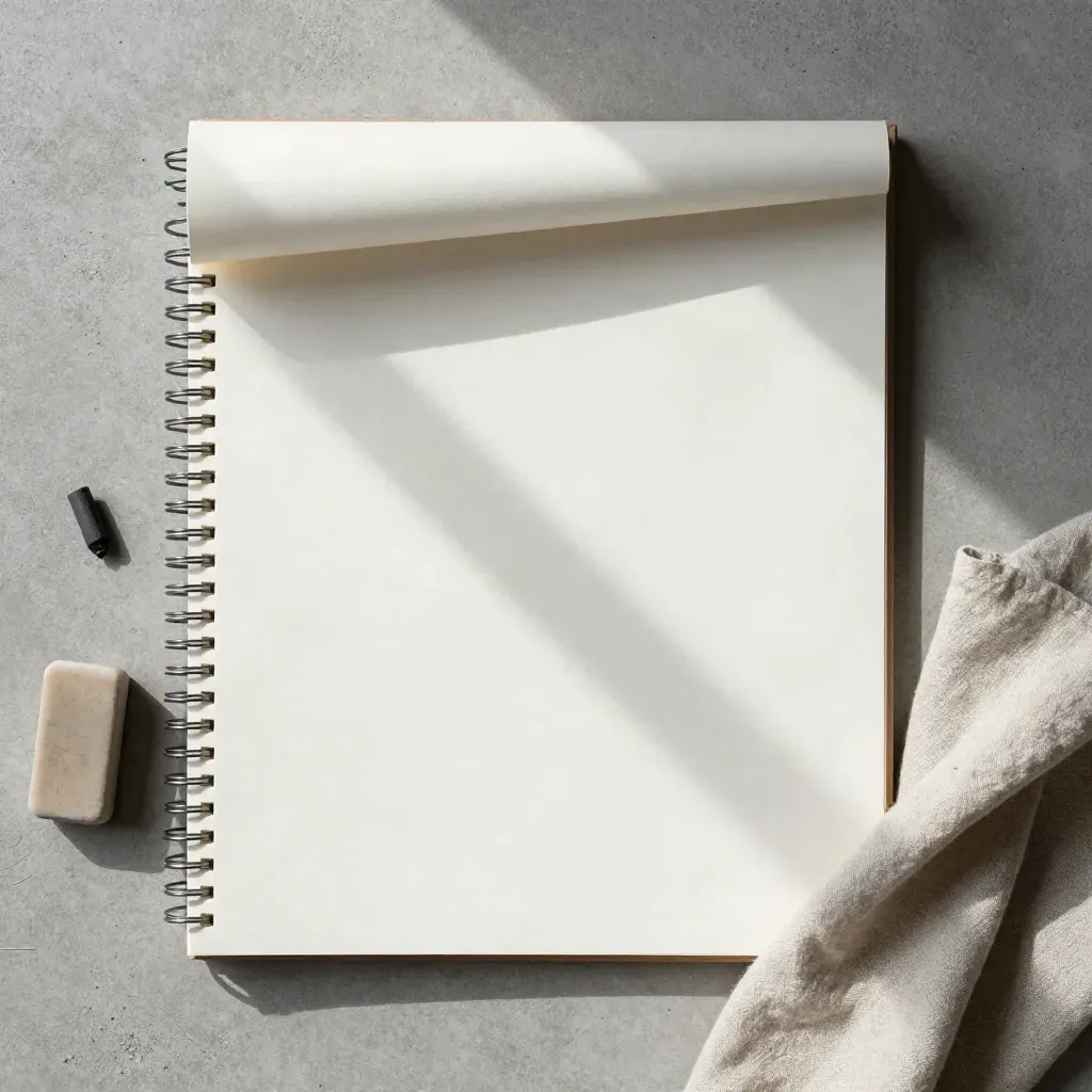 Overhead flatlay of a spiral drawing pad with eraser, graphite stick and folded cloth on concrete.