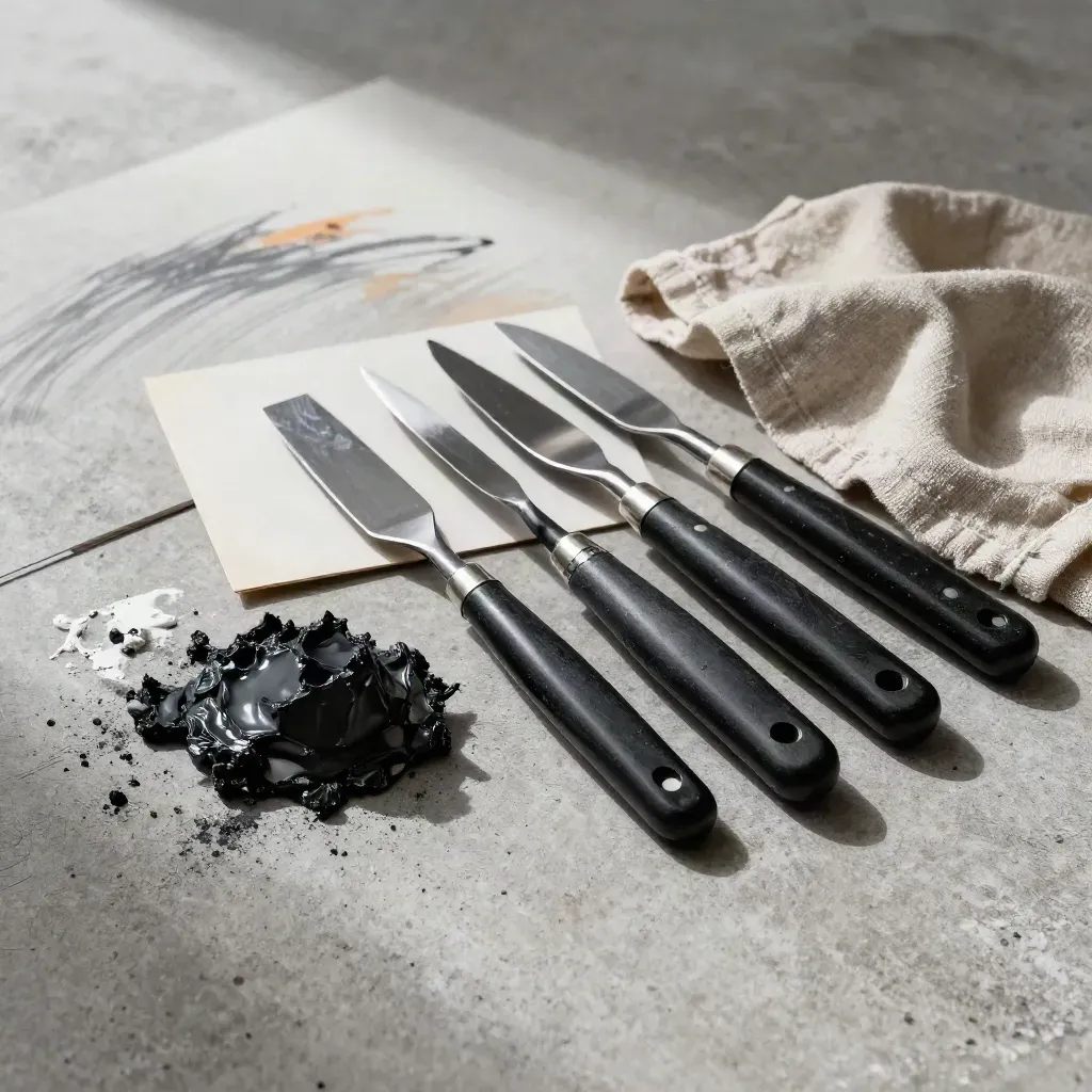 Palette knife set beside thick paint, rag, and scraped board in a moody art studio.