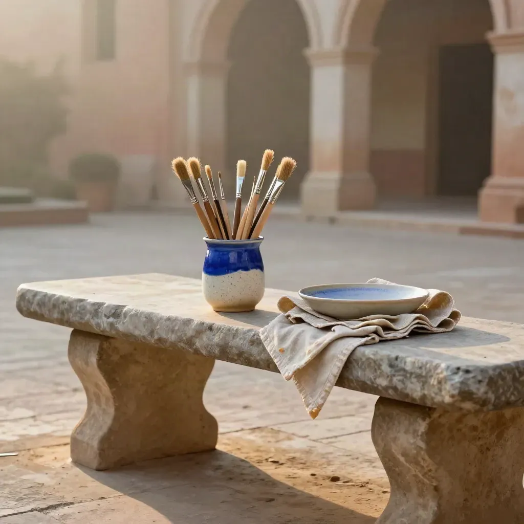 Sunlit brushes, water cup and linen cloth on a stone bench in a misty courtyard.