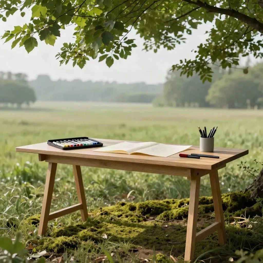 Moss-edged wooden table with markers and paper under sunlit leaves.