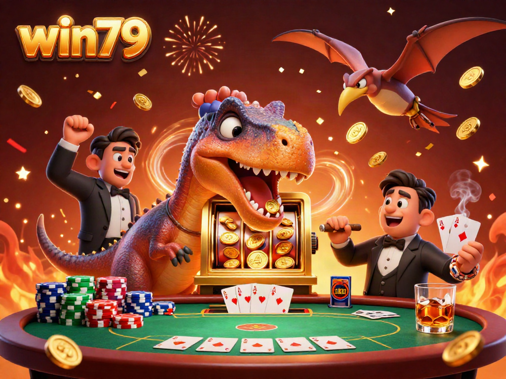 win79 celebrates big wins with a 3D cartoon pachycephalosaurus and golden slot machine in a vibrant casino atmosphere.