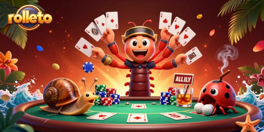 Engage with rolletto's exciting poker scene featuring a cartoon dealer and thrilling game elements.