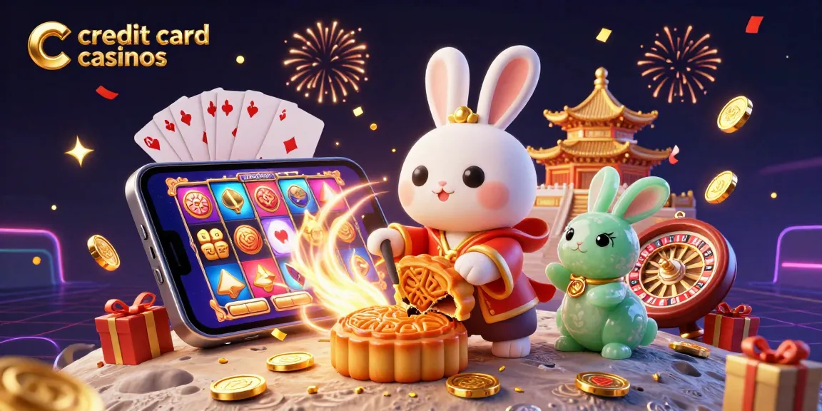 Experience credit card casinos with a lively portrayal of a moon rabbit celebrating with slot games and poker chips.