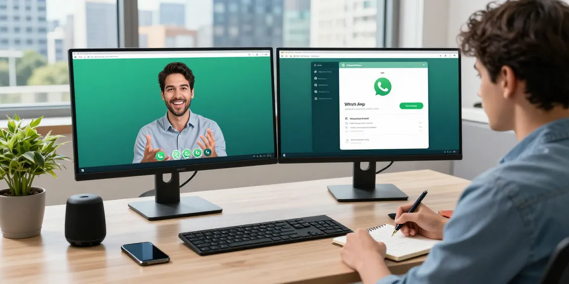 WhatsApp下載 scene with a professional engaging in video calls at a modern workspace.
