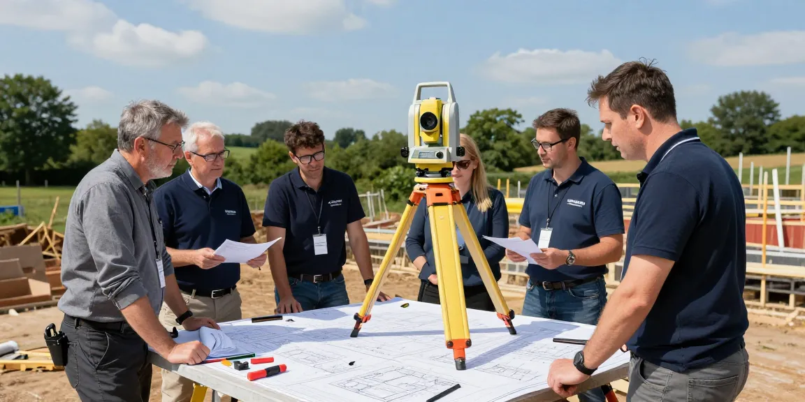 Measured Building Surveys Kent team using advanced equipment and plans on a construction site.