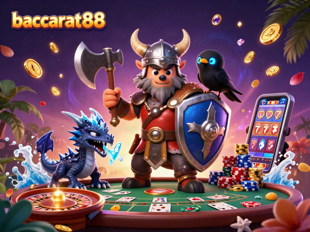 Baccarat88 brings excitement as a Viking wolf warrior leads a fierce dragon and raven in a vibrant casino scene.