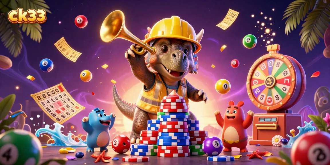 Elevate your gaming experience with ck33, as a triceratops builds poker chip pyramid amidst lottery excitement.