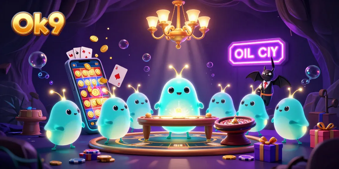 Engage in exciting gameplay with Ok9 at a vibrant cave casino illuminated by glowworms.
