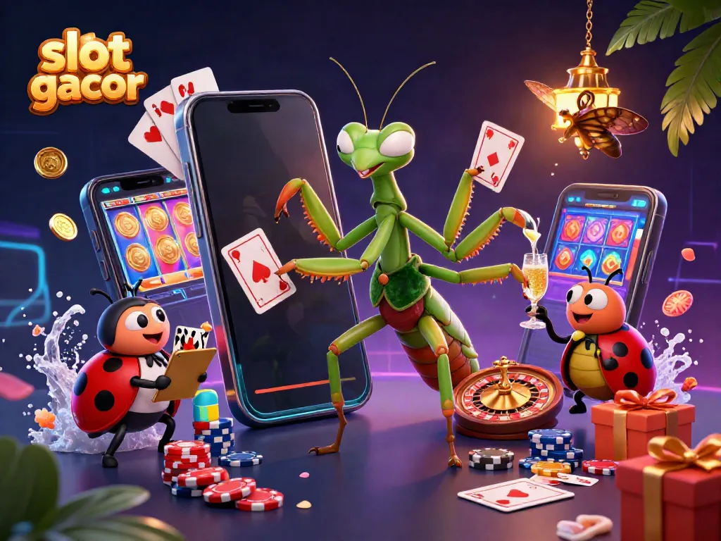 Engage with slot gacor gaming as a giant praying mantis card sharp entertains in an ultra-detailed casino scene.