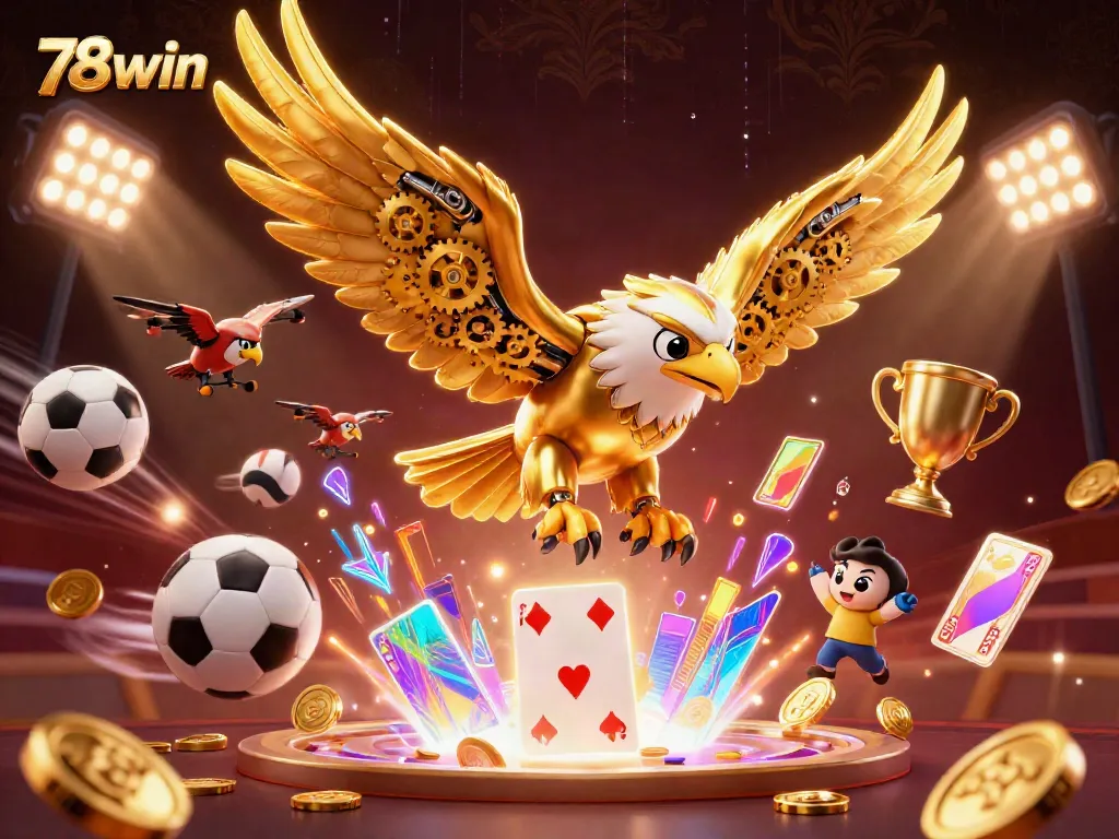 78win animated scene showcasing a cybernetic eagle diving through playing cards, emphasizing high-stakes gambling excitement.