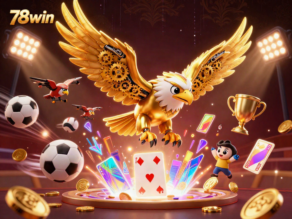 78win animated scene showcasing a cybernetic eagle diving through playing cards, emphasizing high-stakes gambling excitement.