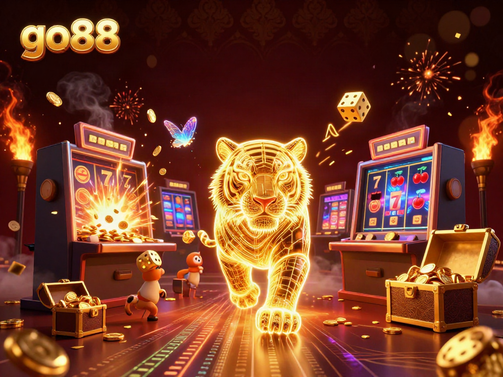 Experience the vibrant energy of go88 at a digital casino with a glowing tiger and jackpot excitement.