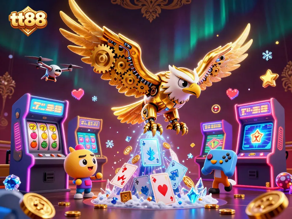 Engage with tt88 in a vibrant casino setting filled with holographic cards and colorful game machines.