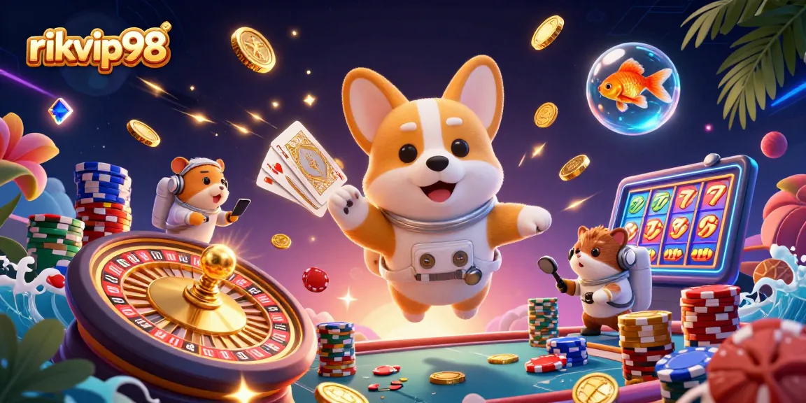 Experience vibrant gaming with rikvip98, a floating astronaut corgi amidst sparkling casino elements.