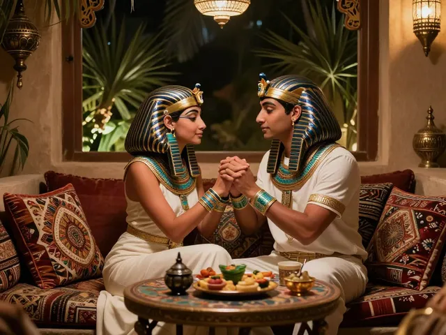 سكس مصري - مشهد رومانسي دافئ يعكس الأجواء المصرية التقليدية والتواصل العاطفي بين شريكين.