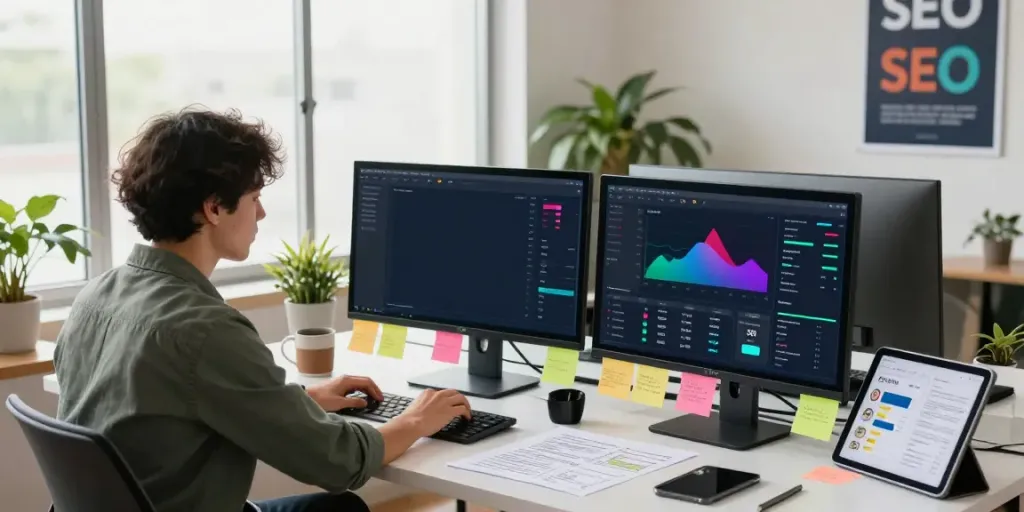 Marketer analyzing instant indexing tools in a vibrant digital workspace