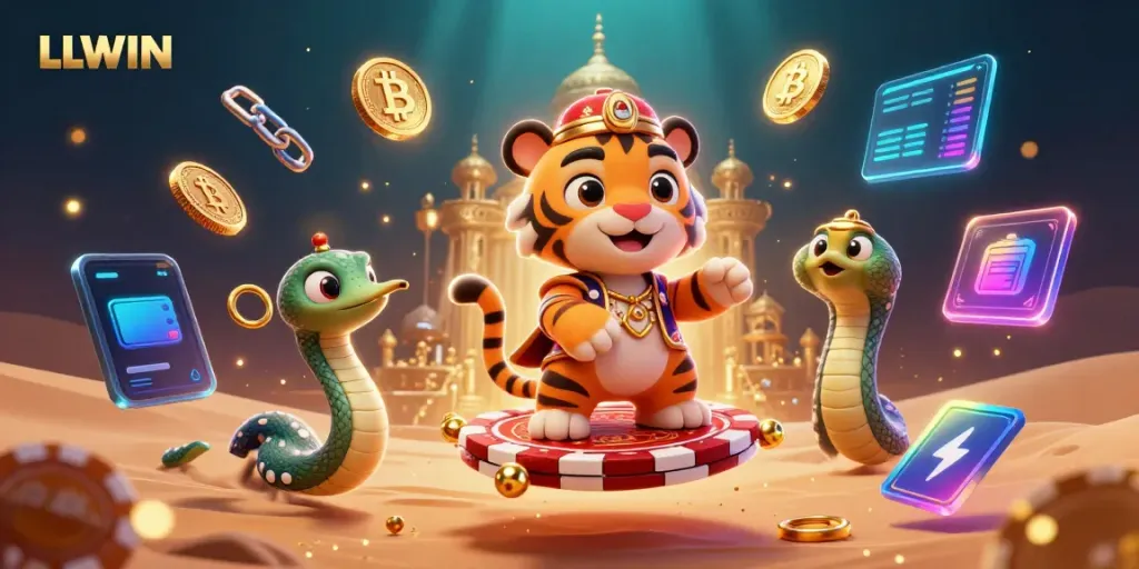Engage in exhilarating LLWIN gaming with a vibrant 3D Arabian Nights-themed casino scene featuring a tiger sultan.