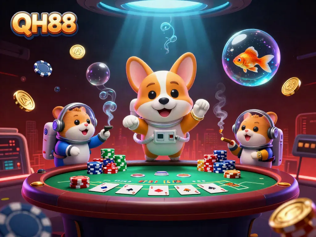 Engage with QH88's thrilling space casino scene featuring a cartoon astronaut corgi, poker elements, and a floating goldfish.