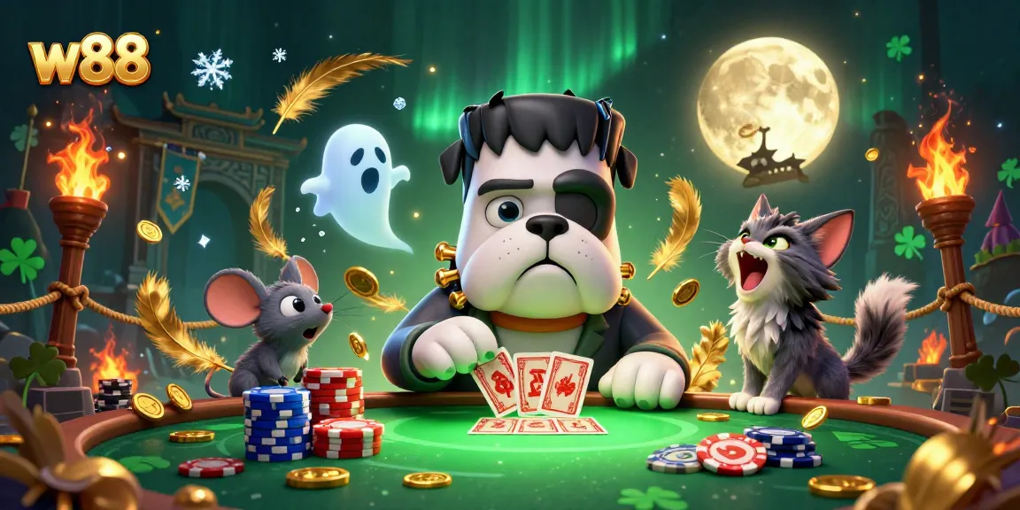 w88 players deal cards at a spooky table with ghostly elements, enhancing gaming excitement