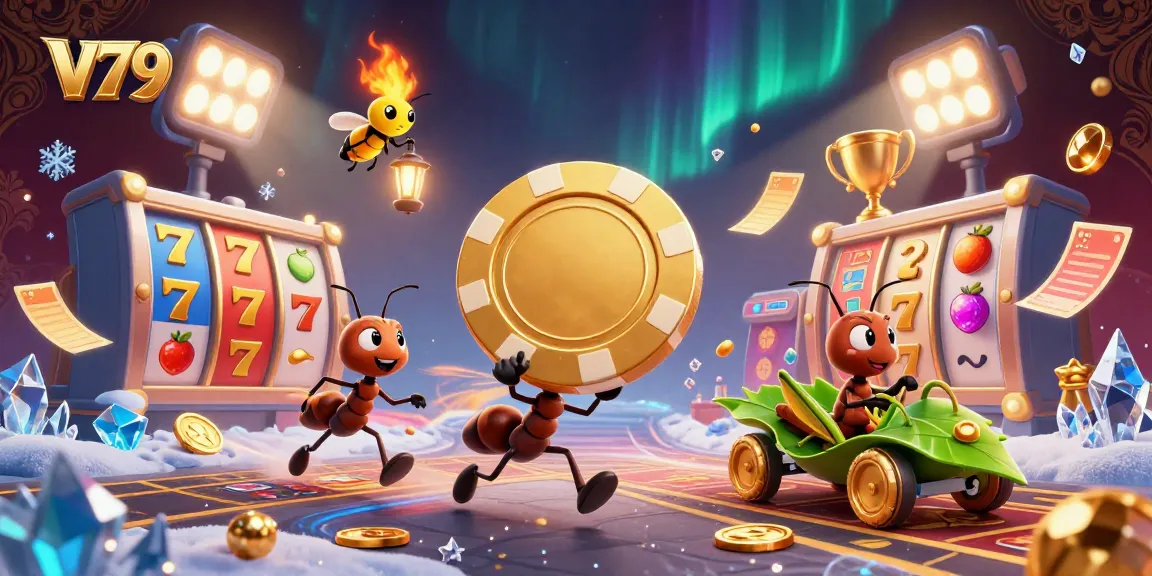 Experience vibrant slot gaming fun with V79 in a lively heist illustration featuring ants and jackpot symbols.
