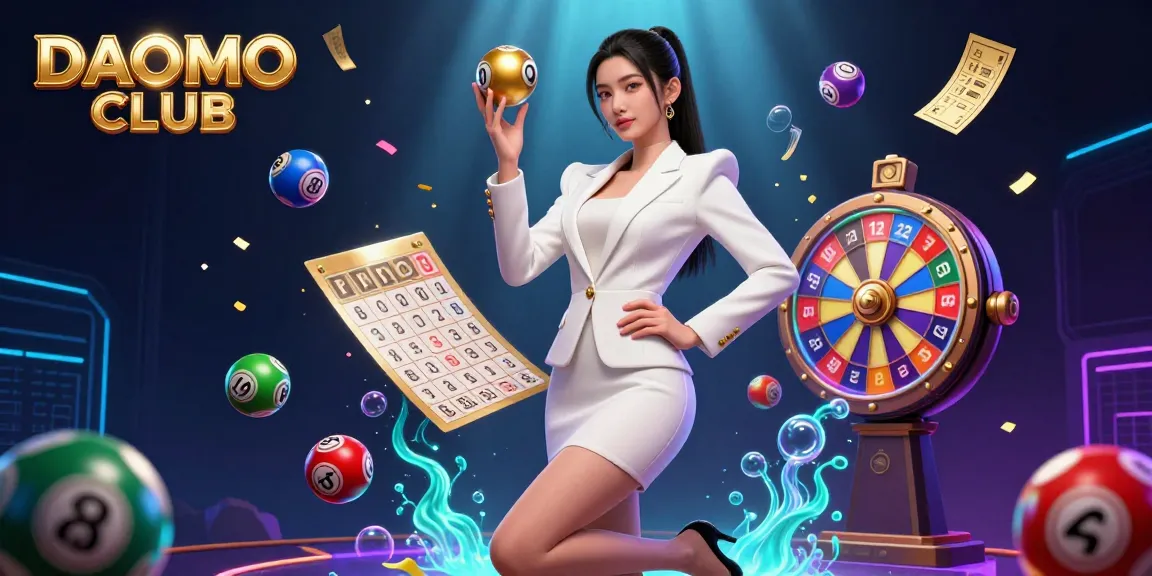 Experience thrilling gaming at DAOMO CLUB with colorful lottery elements and striking imagery.