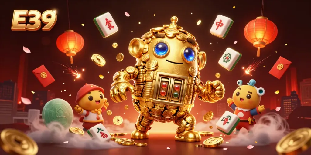 E39 slot game adventure with a golden golem, vibrant casino elements, and festive decorations.