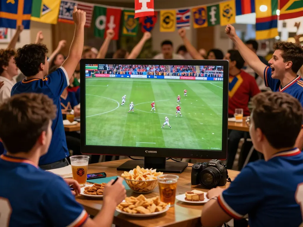 Excited fans enjoying live football action on Thapcamtv with snacks and drinks.