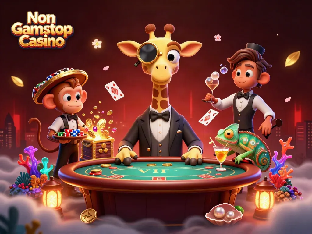 Engage with Non Gamstop Casino excitement featuring a high-roller giraffe and colorful gaming elements.