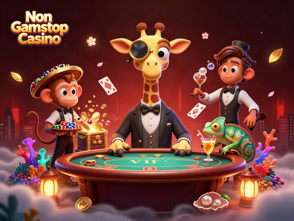 Engage with Non Gamstop Casino excitement featuring a high-roller giraffe and colorful gaming elements.