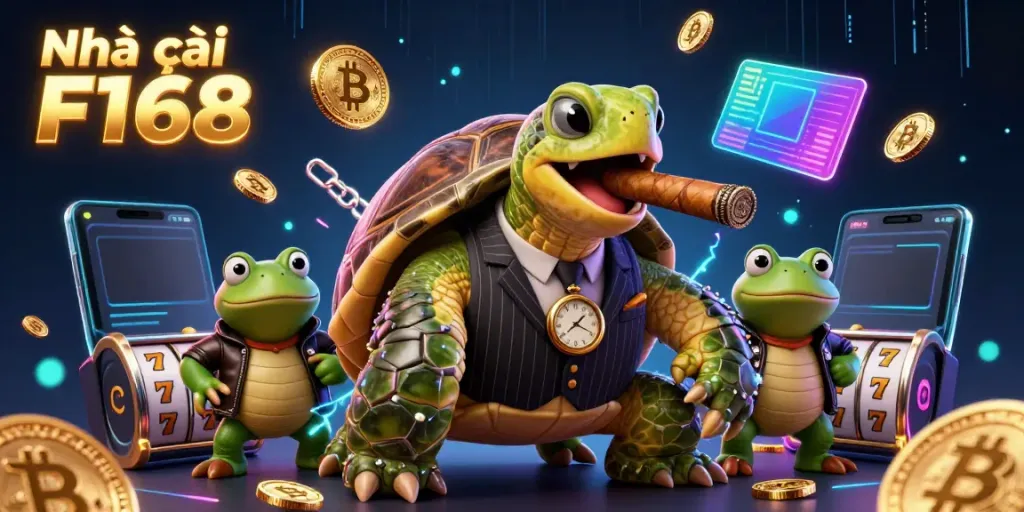 Experience thrilling gameplay at Nhà cái F168 with a dynamic 3D casino scene showcasing crypto elements and vibrant characters.