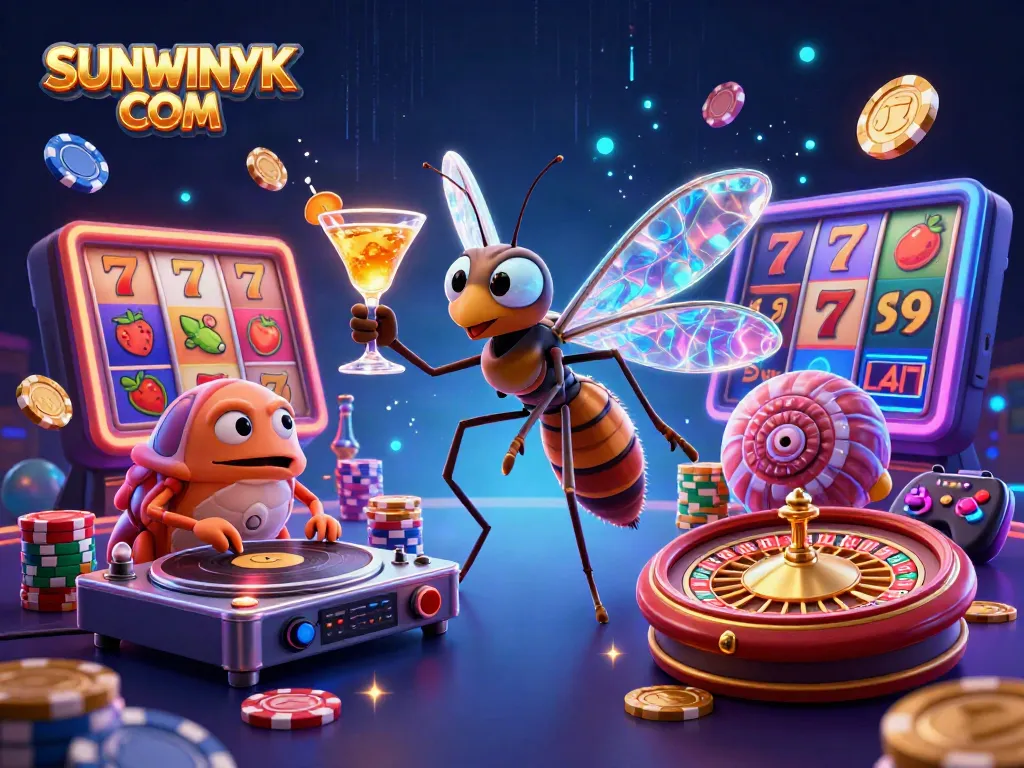 Experience the thrill of SUNWINYK COM with vibrant characters and dynamic casino elements in a stunning illustration.