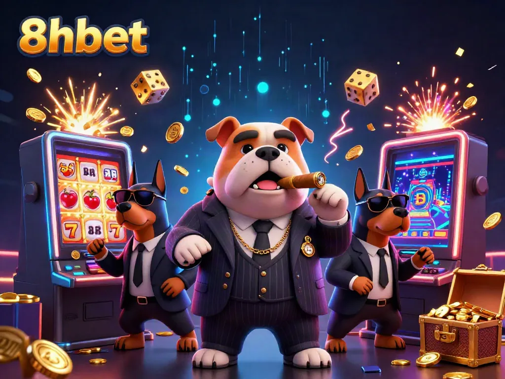 Experience 8xbet with a thrilling visual of a mafia boss bulldog and Doberman bodyguards amidst casino excitement.
