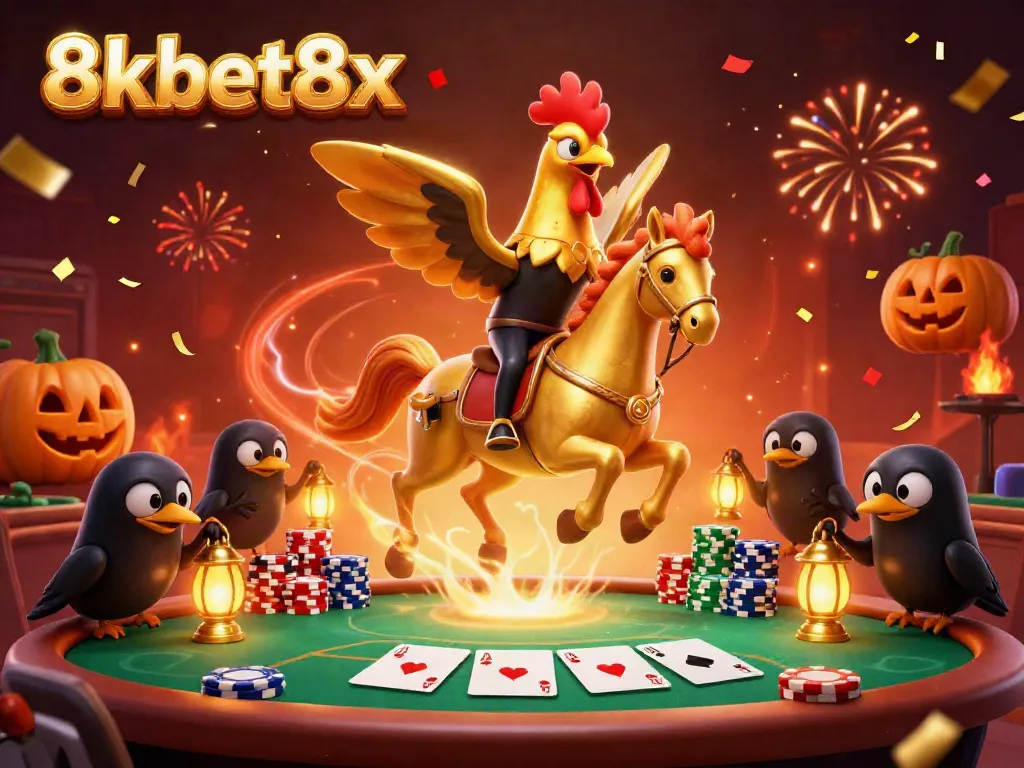 Experience the vibrant, electrifying atmosphere of 8xbet8x in this golden rooster-themed 3D casino illustration.