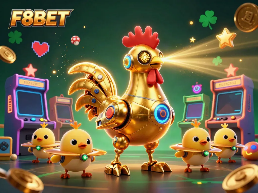 Experience F8BET excitement with a vibrant 3D casino scene featuring a golden rooster robot and baby chick drones.