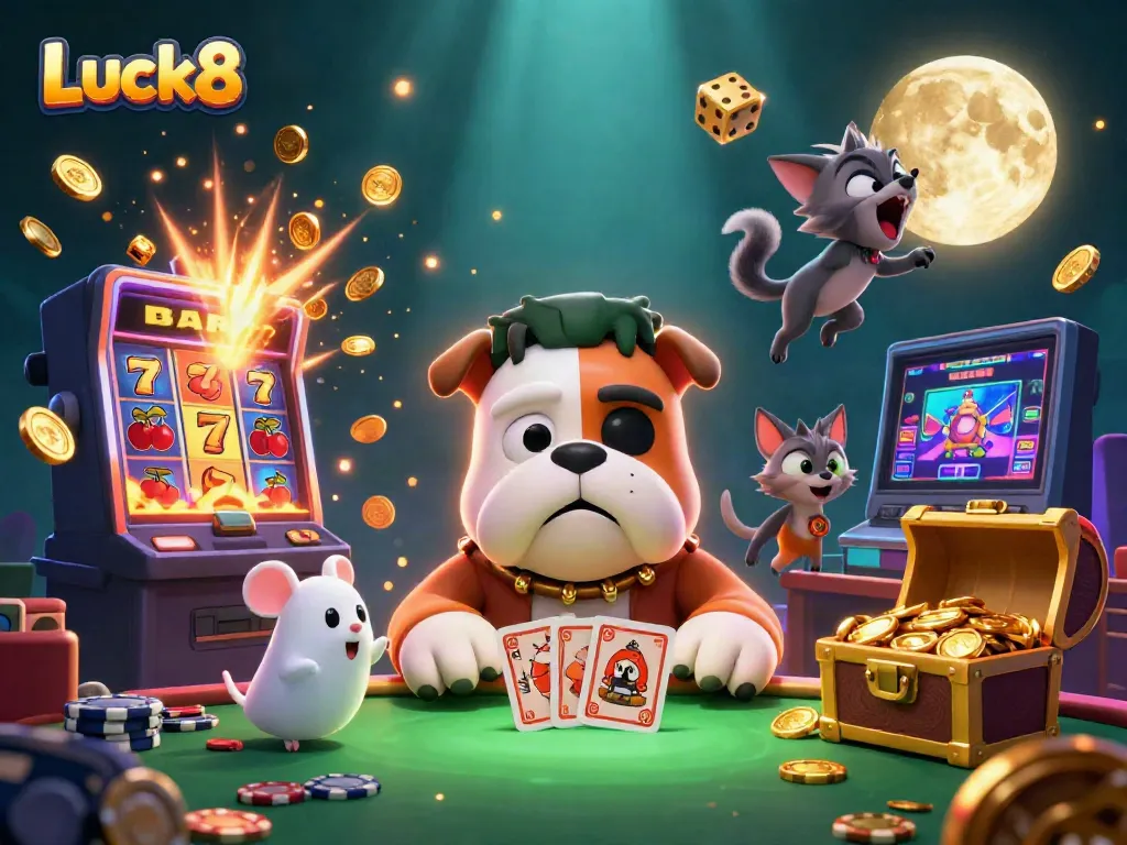 Luck8 showcases a cartoon bulldog dealer and a werewolf kitten in a vibrant casino scene.