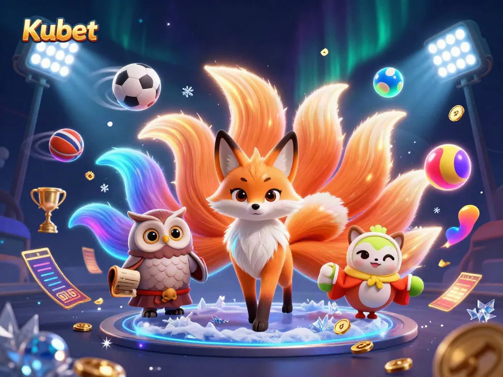 Kubet 3D illustration featuring a nine-tailed fox, wise owl, and dynamic sports elements in vibrant casino scene.