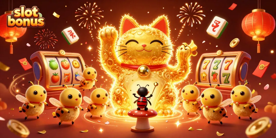 Experience the thrill of slot bonus with a vibrant scene of a lucky cat and dynamic casino elements.