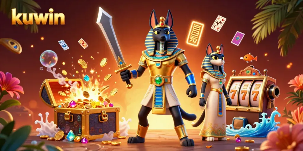 Kuwin themed illustration of Anubis and Bastet amidst casino elements, showcasing excitement and lively gambling.