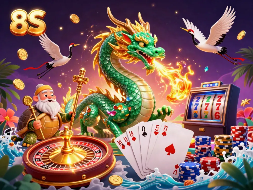 Experience the thrill of 8S gaming with a vibrant scene featuring a jade dragon, sage, and surrounded by casino elements.