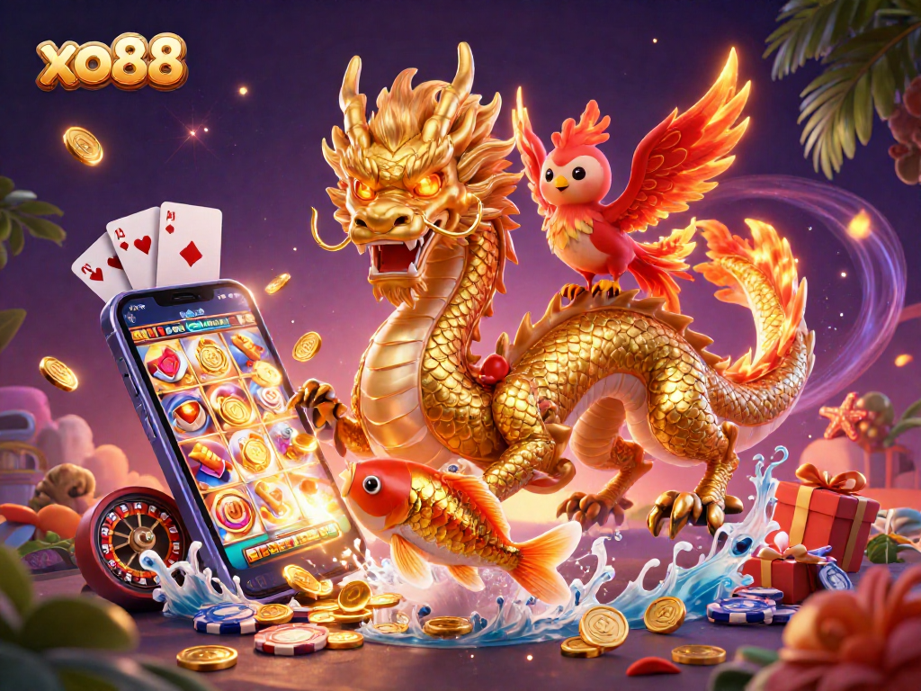 Experience thrilling gaming with xo88's vibrant 3D dragon and phoenix amid dynamic casino elements.