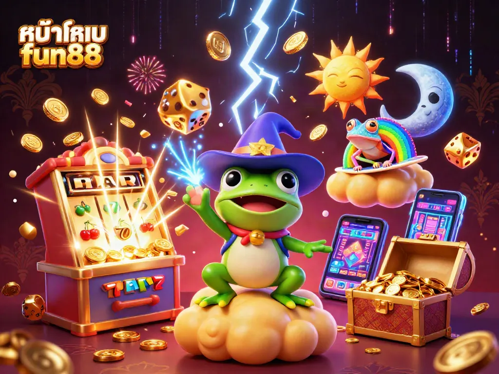 Win big at หน้าแรก fun88 with a vibrant 3D casino scene featuring gold coins, games, and fun characters.