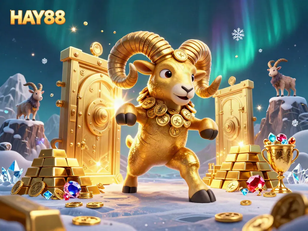 Experience the thrill of HAY88 with a golden ram charging through a treasure-filled gateway in a dynamic 3D illustration.