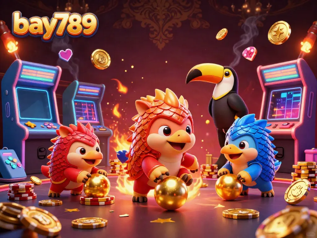Experience thrilling gambling action with bay789 as illustrated by playful pangolins in a festive casino scene.