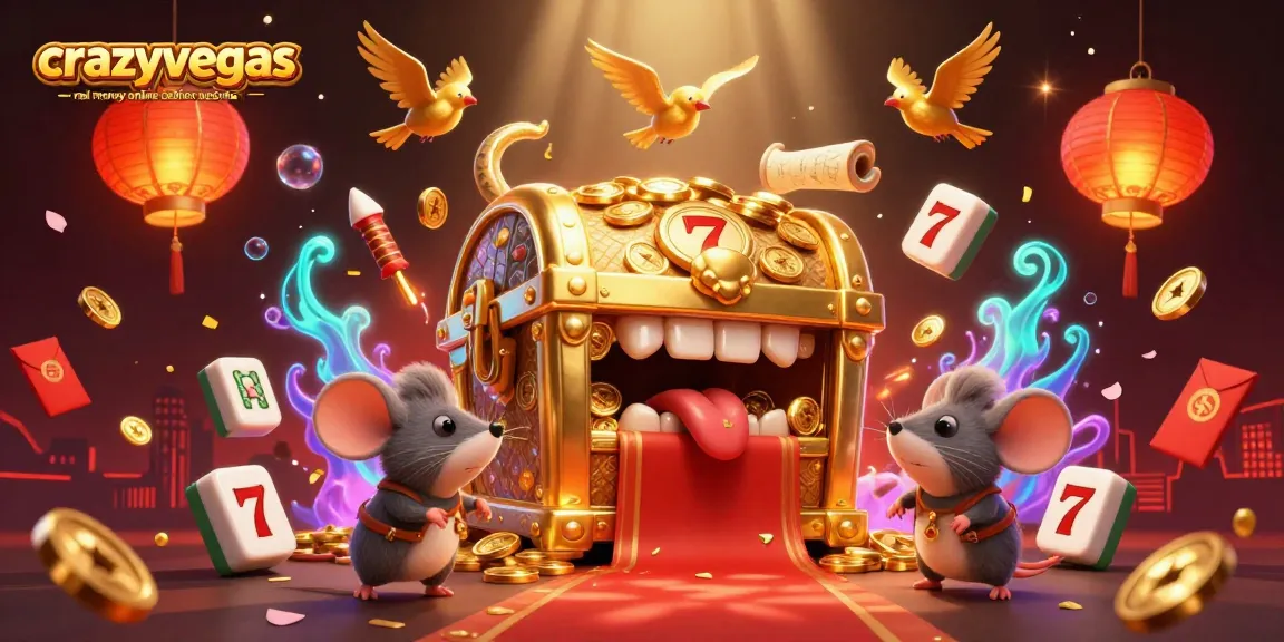 Crazyvegas real money online casinos Australia illustration with alluring treasure chest and festive casino elements.