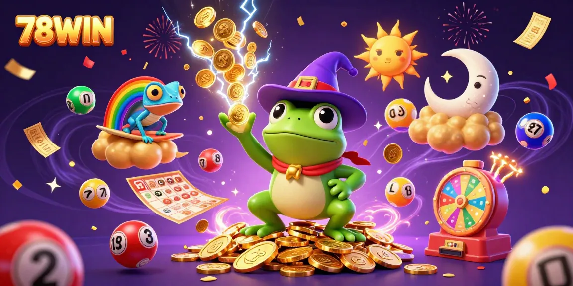 Experience thrilling gaming with 78WIN as the wizard frog conjures golden coins and bursts of excitement.